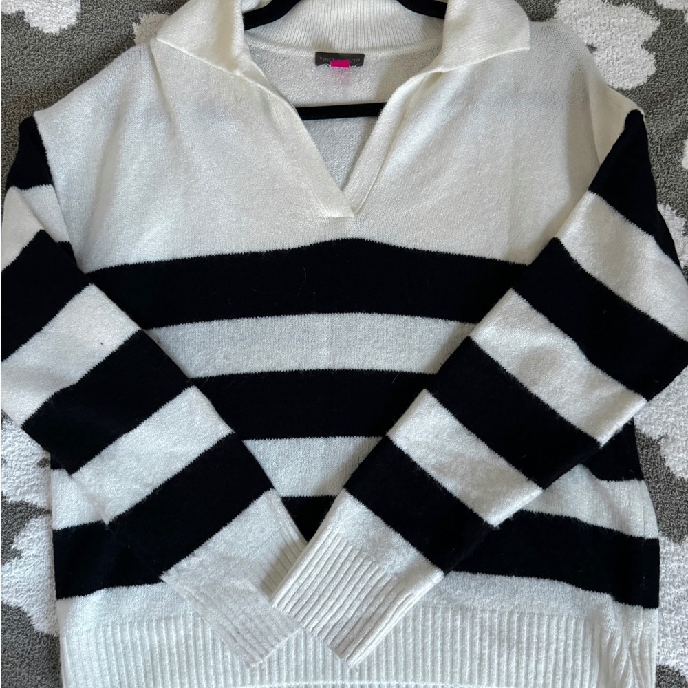 B&W Striped Long Sleeve Polo Shirt